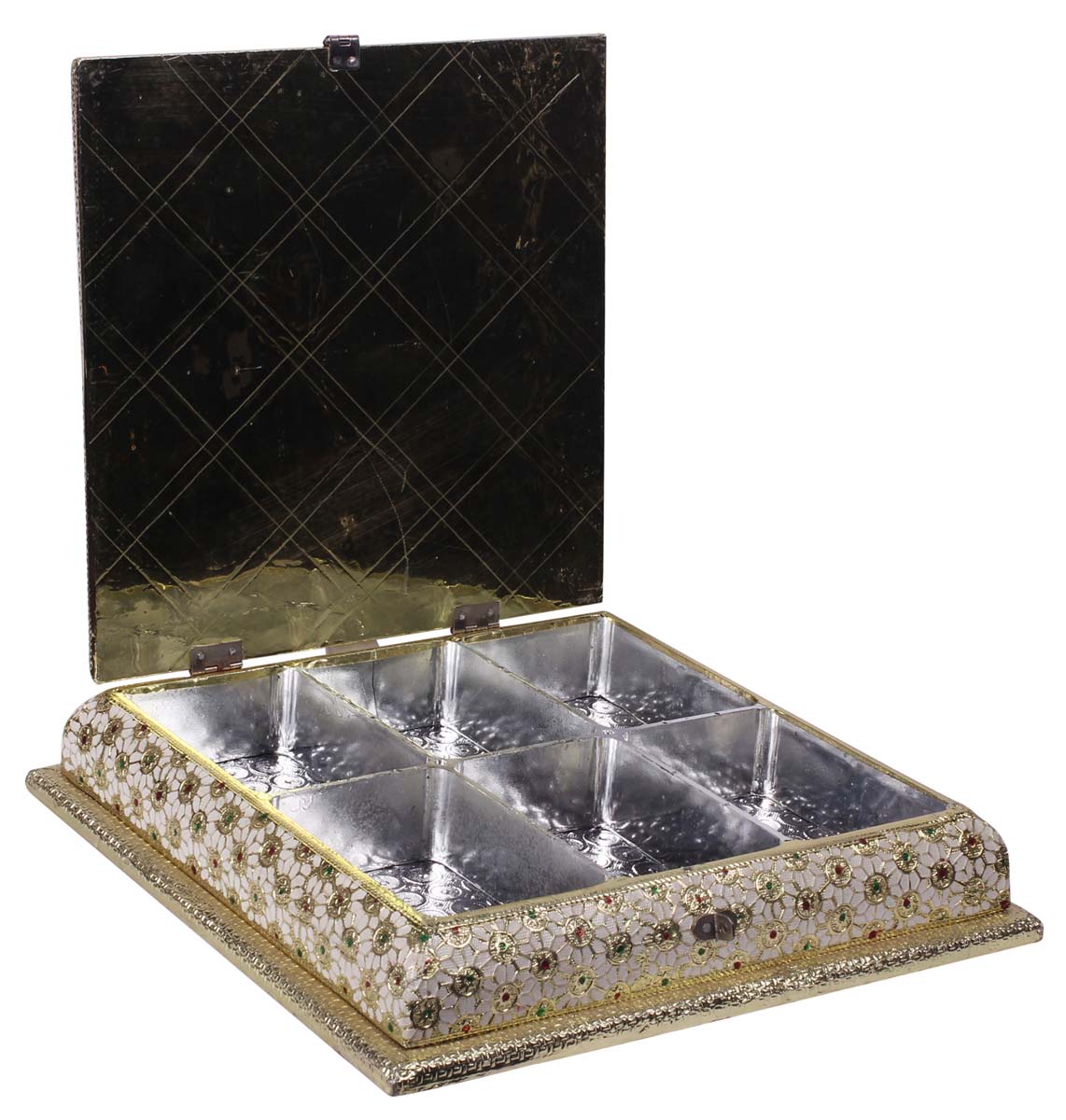 12” Spice Container / Dry-Fruit Holder / Tea Box in Brass & Aluminum Sheet - Square Antique-Look Box with Metal Work - Dining Table / Kitchen Essentials - Buy in Bulk Wholesale